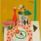 Alberto Morrocco, WATERMELON, FIG AND TUNISIAN TILE, oil on canvas