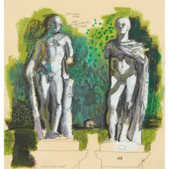 Leon Morrocco, THREE FRAGMENTED FIGURES, BORGHESE GARDEN, mixed media on sketchbook paper