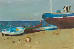 Alberto Morrocco, FISHING BOATS, ESTEPONA, 1982, oil on board