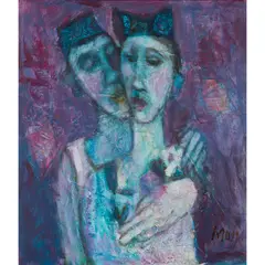 WINTER LOVERS by Marj Bond, mixed media and collage on board, sold Jan 2025