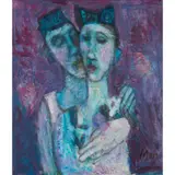 Marj Bond, WINTER LOVERS, mixed media and collage on board