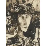 John Bellany, FISHERLASS AND CAT, ink and wash