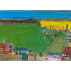 Dame Barbara Rae, SALISBURY CRAGS & OLD TOWN, mixed media on board