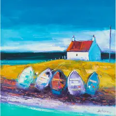 BEACHED BOATS, POLLACHER, SOUTH UIST, 2009 by John Lowrie Morrison, oil on canvas, sold Jan 2025