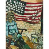 John Bratby, SEATED GIRL WITH STARS & STRIPES, oil on canvas