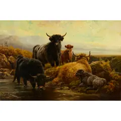 Robert Watson, HIGHLAND CATTLE WATERING IN A MOUNTAIN STREAM, oil on canvas