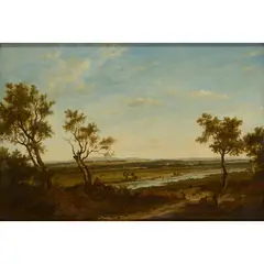 TRAVELLER ON A COUNTRY PATH, A RIVER IN THE DISTANCE by Patrick Nasmyth, oil on panel, sold Dec 2024