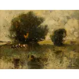 William Alfred Gibson, CATTLE GRAZING BY A STREAM, oil on board