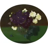 Stuart Park, PURPLE AND WHITE PANSIES IN A VASE, oil on canvas, oval