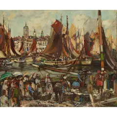 James Kay, UNLOADING THE CATCH, oil on board