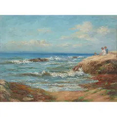 John McGhie, CHILDREN ON A ROCKY BEACH, oil on canvas