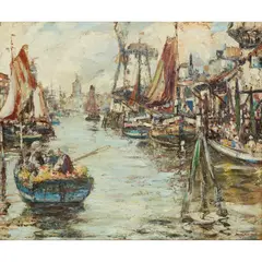 James Kay, A BUSY DUTCH HARBOUR SCENE, oil on board