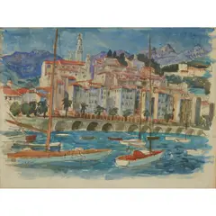 William Wilson, MENTON (RED AND WHITE BOATS), pen and ink and watercolour