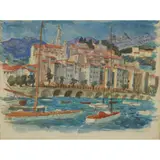 William Wilson, MENTON (RED AND WHITE BOATS), pen and ink and watercolour