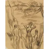 John Duncan Fergusson, DRYING OFF AFTER A SWIM, CHÂTEAU DES ENFANTS, EDEN ROC, CAP D'ANTIBES, Charcoal on brown paper