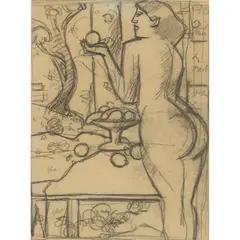 John Duncan Fergusson, NUDE, TAZZA AND FRUIT, charcoal on brown paper