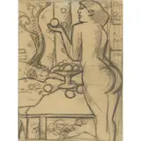 John Duncan Fergusson, NUDE, TAZZA AND FRUIT, charcoal on brown paper
