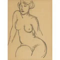 John Duncan Fergusson, SEATED NUDE, Charcoal on brown paper
