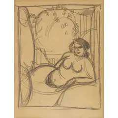John Duncan Fergusson, NUDE ON A BALCONY, Charcoal on brown paper