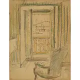 George Leslie Hunter, A SEA VIEW FROM THE BALCONY, Pen and ink and coloured chalk