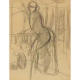 John Duncan Fergusson, WOMAN ON A BALCONY (ANNE ESTELLE RICE), Charcoal on brown paper