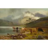 Louis Bosworth Hurt, HIGHLAND CATTLE BY A MOUNTAIN LOCH, oil on canvas
