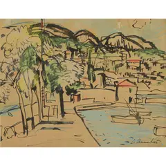 George Leslie Hunter, JUAN-LES-PINS, pen and ink and coloured chalk