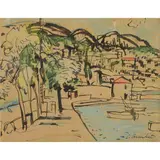 George Leslie Hunter, JUAN-LES-PINS, pen and ink and coloured chalk