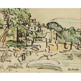George Leslie Hunter, THE BEACH, SOUTH OF FRANCE, pen and ink and coloured chalk