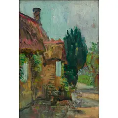 George Leslie Hunter, RED-PANTILED COTTAGES, FIFE, Oil on board, laid down