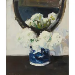 Francis Cadell, STILL LIFE OF RANUNCULUS IN A BLUE AND WHITE VASE, oil on board