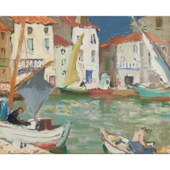 John Maclauchlan Milne, THE HARBOUR, ST TROPEZ, oil on canvas