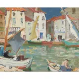 John Maclauchlan Milne, THE HARBOUR, ST TROPEZ, oil on canvas