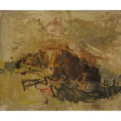 Joan Eardley, STACKS AND SETTING SUN, Oil on board