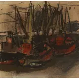 Joan Eardley, FISHING BOATS, Pastel on brown paper