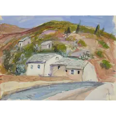 Anne Redpath, ROADSIDE COTTAGES, CORSICA, Watercolour