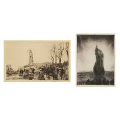 TWO PRINTS: 'FIRST OF JULY, 1917, ALBERT' & 'GUNFIRE, MOUNT OF OLIVES, 1917 by James McBey, Etching, XXI, offered Feb 2025