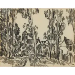 William MacTaggart, CHURCH THROUGH THE TREES, Charcoal