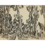 William MacTaggart, CHURCH THROUGH THE TREES, Charcoal