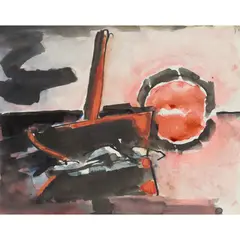Josef Herman, SAILBOAT AND SUNSET, Pen and ink and watercolour