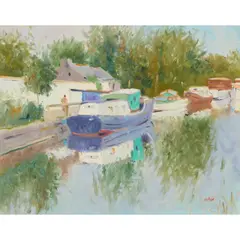 James Nolan, BOATS ON THE ROYAL CANAL, CO. KILDARE, oil on board