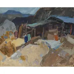 Sheila Macnab MacMillan, OLD SHEDS ABOVE MONTEJAQUE, SPAIN, 2000, oil on canvas board
