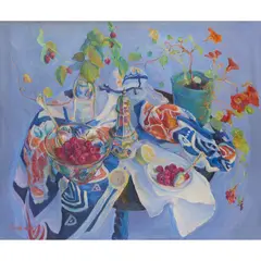 Josephine Graham, STILL LIFE WITH RASPBERRIES AND NASTURIUMS, oil on canvas