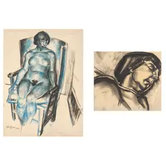 PORTRAIT OF AGNES MILLER PARKER; BLUE NUDE IN AN ORKNEY CHAIR by William McCance, 1930, charcoal, sold Oct 2024