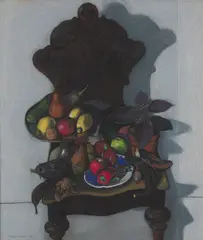 Leon Morrocco, STILL LIFE OF FRUIT ON A CARVED WOOD CHAIR, 1972, pastel on two pieces of conjoined paper