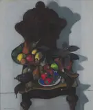 Leon Morrocco, STILL LIFE OF FRUIT ON A CARVED WOOD CHAIR, 1972, pastel on two pieces of conjoined paper