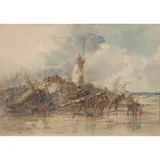 Samuel Bough, HARBOUR SCENE WITH FIGURES SALVAGING, pen and watercolour