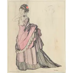 Claud Lovat Fraser, COSTUME DESIGN (WOMAN IN A PINK DRESS), pen and ink, watercolour and gouache on paper