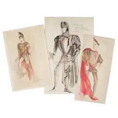 Leslie Hurry, FOLIO OF TWELVE DESIGNS FOR COSTUMES AND A STAGE SET, pen and ink and watercolour on paper