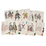 Leslie Hurry, FOLIO OF COSTUME DESIGNS AND A STAGE SET DESIGN FOR 'THE BEGGAR'S OPERA', 1963, ink, watercolour and fabric swatches on paper, twenty-one 35.5cm x 25cm (14in x 9 7/8in) and one 24cm x 27cm (9 ½in x 10 5/8in)